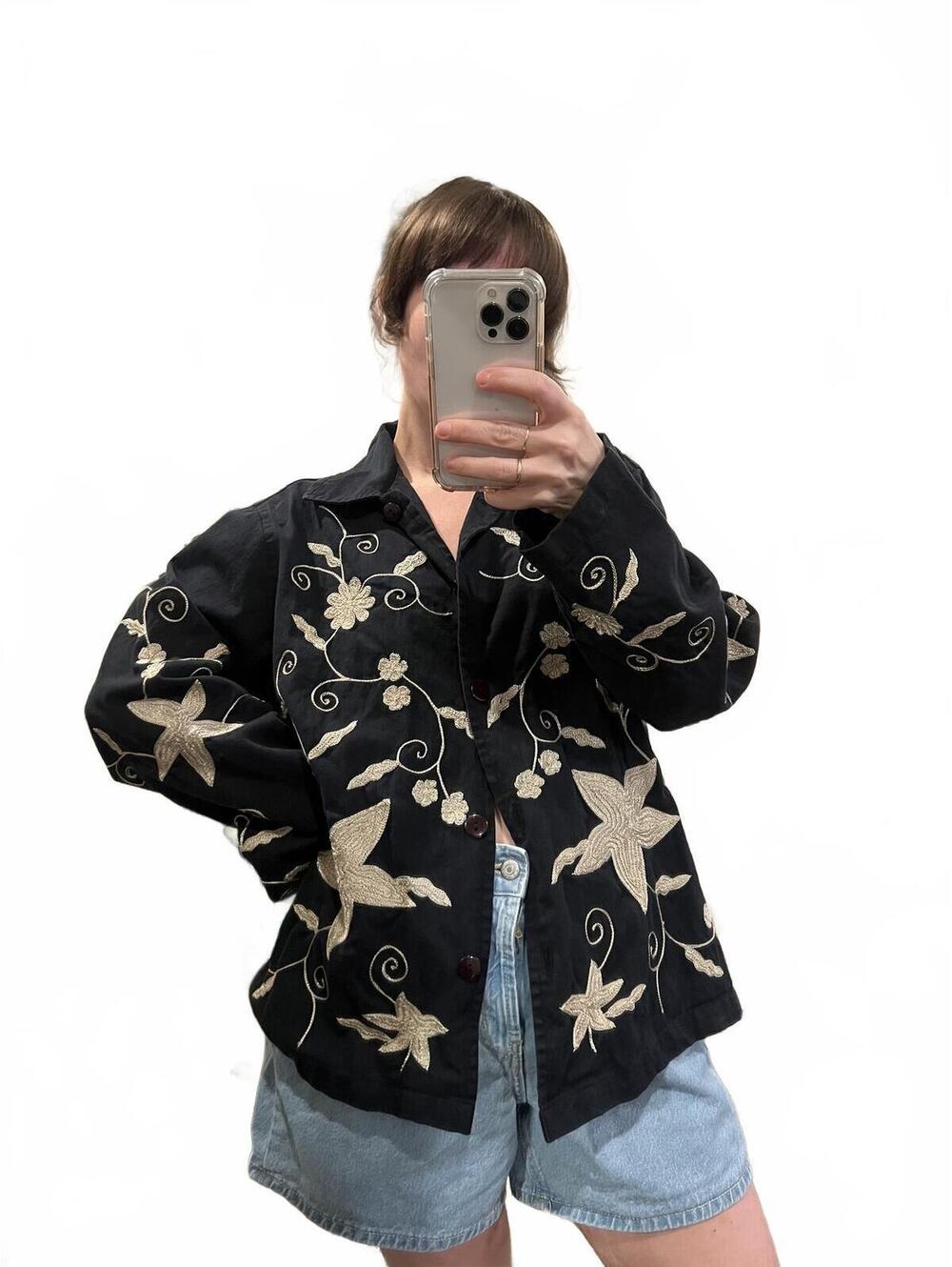 Vintage Embroidered Floral Cotton Button Up Shirt Jacket